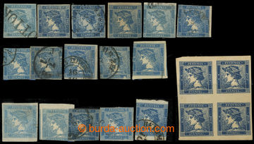 208423 - 1851 Ferch.6, selection of 16 Bleu Mecury stamps, various ty
