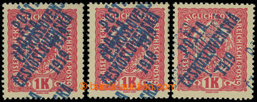 208568 -  Pof.47Pd, Znak 1K červená, 3ks s dvojitým přetiskem, re