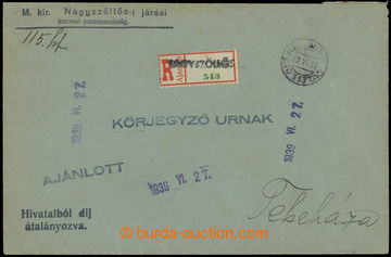 208881 - 1939 NAGY-SZÖLLÖS  služební R-dopis do Tekova (Tekeháza