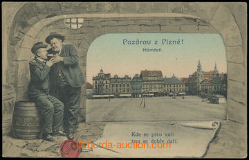210811 - 1910 PLZEŇ - náměstí, pivní pijácká koláž, kolorova