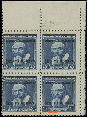 211232 - 1939 Pof.6, Comenius 40h blue, UR corner blk-of-4; mint neve