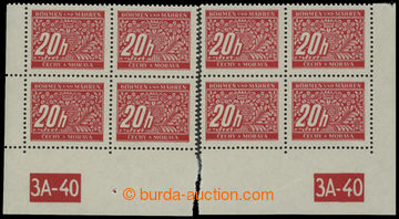 214239 - 1940 Pof.DL3, 20h red, R and L lower corner blok of 4 with p