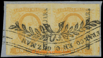 214273 - 1856 Sc.2, Hidalgo 1 Real yellow, pair with overprint GUADAL