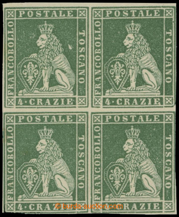 214329 - 1851 Sass.P6, block of four Lion 4Cr green, PLATE PROOF in d
