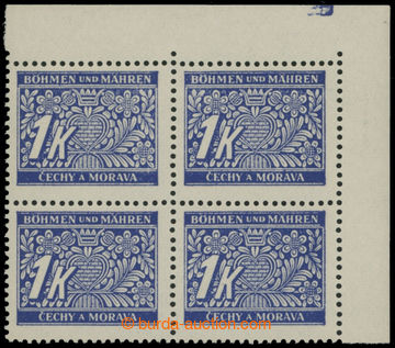 214702 - 1939 Pof.DL9, 1 Koruna blue, UR block of four with bar-print