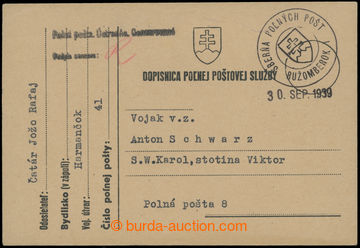 214754 - 1939 CAMPAIGN TO POLAND / card of Slovak field post with bla