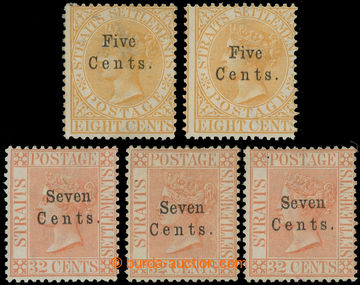 215012 - 1879 SG.20(2x), 21(3x), overprint FIVE CENTS. / 8C orange ye