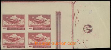 215440 -  PLATE PROOF  values 3CZK in/at carmine color, corner blk-of