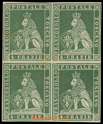 217426 - 1851 Sass.P6, block of four Lion 4Cr green, PLATE PROOF in d