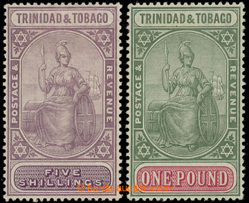 219608 - 1913-1923 SG.155, 156, Britannia 5Sh and £1; very fine, c.v