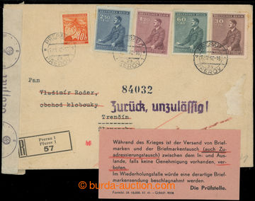 220491 - 1942 RETURN - PROHIBITED  Reg letter sent to Slovakia franke