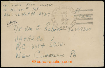 221320 - 1945 APO 26, letter to USA through/over US. field post with 