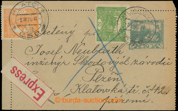223032 - 1920 CZL1, Hradčany 20h, zelená, papír šedý, zaslaná E