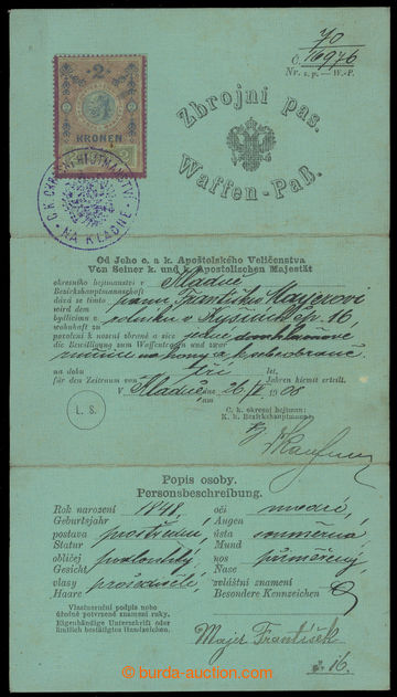 223639 - 1908 RAKOUSKO - UHERSKO/ ZBROJNÍ PAS/ WAFFEN-PASS zbrojní 