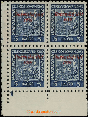 224022 - 1939 Sy.2DČ, Coat of arms 5h blue, LL corner blk-of-4 with 