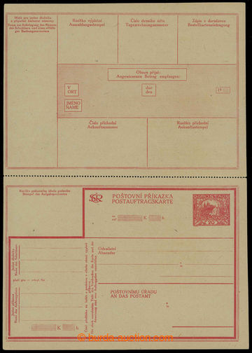 224273 - 1919 CPV2B, poštovní příkazka Hradčany 20h červená, 