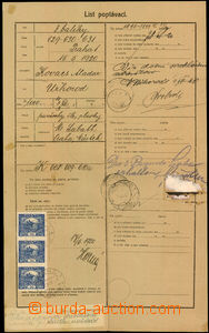 22612 - 1920 Request sheet franked with. 3 strip Hradčany stamp. 50