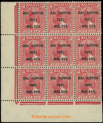 226188 - 1942 SG.J248, blk-of-9 8C scarlet with overprint DAI NIPPON 