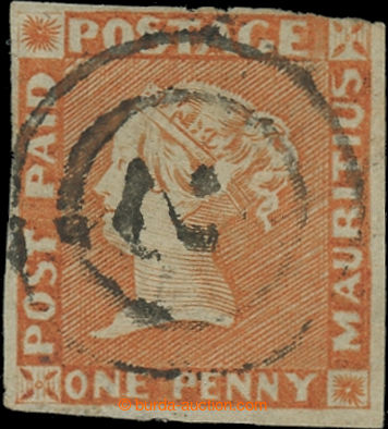 227628 - 1854 SG.10, Red Mauritius POST PAID bright vermilion, interm