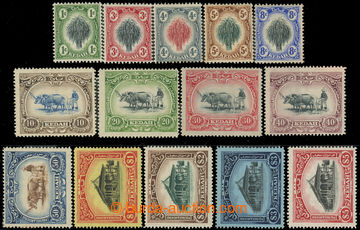 227779 - 1912 SG.1-14, Motives 1C - 5$, on 30C plate flaws FEATHER IN