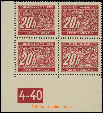 228576 - 1939 Pof.DL3 plate number, 20h red, LL corner blk-of-4 with 