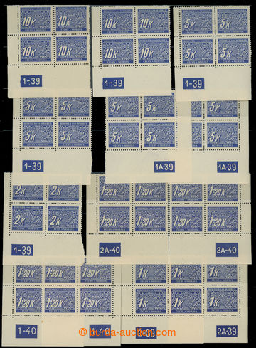 228581 - 1939 ČTYŘBLOKY S plate number / Pof.DL1-14, selection of 5