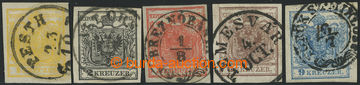 228765 - 1850 Ferch.1-5, Coat of arms 1Kr-9Kr, all on hand-made paper