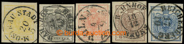 228767 - 1850 Ferch.1-5, Coat of arms 1Kr-9Kr, all on hand-made paper