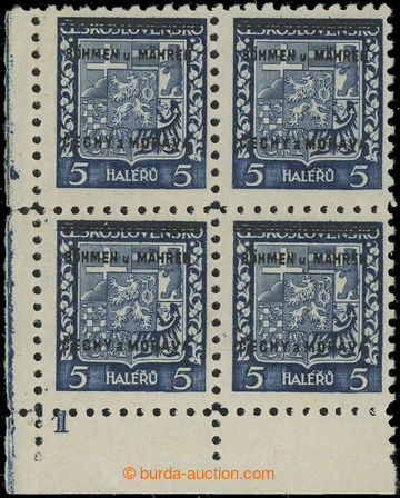229256 - 1939 Pof.1 DČ, Znak 5h, levý dolní rohový 4-blok s DČ 1