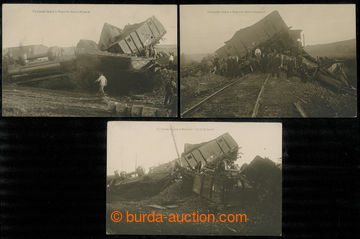 229590 - 1909 POPOVICE - vykolejený vlak, sestava 3ks fotopohlednic,