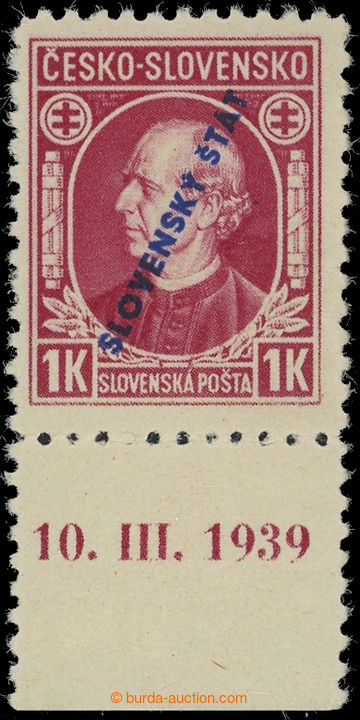 231232 - 1939 Sy.24B, Hlinka 1Ks red with overprint with lower margin