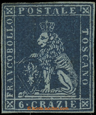 231556 - 1851 Sass.7c, Lion 6Cr azzurro scuro on blue paper; very fin