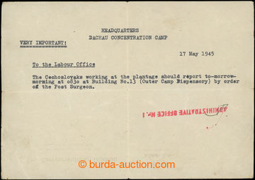231809 - 1945 KT DACHAU / dokument vydaný po osvobození koncentrač