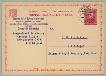 232700 - 1939 CDV44, předběžná čs. dopisnice pro cizinu TGM 1,50