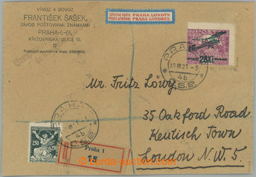 233392 - 1921 PRAGUE - LONDON, commercial Reg letter addressed to to 