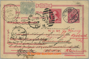 233481 - 1892 postcard Mi.P25, Coat of arms 10Pfg, sent via New York 