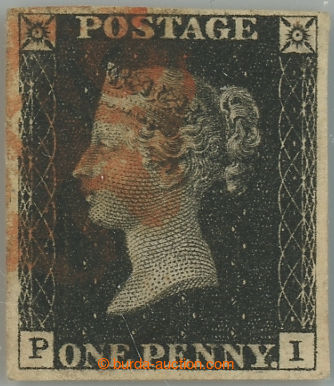 233516 - 1840 SG.2, PENNY BLACK black, plate 6, letters P-I, red Malt