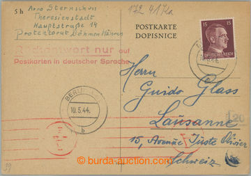 234230 - 1944 GHETTO TEREZÍN - ŠVÝCARSKO / dopisnice adresovaná d