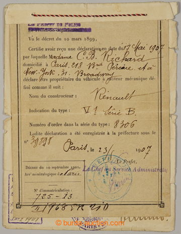 234799 - 1907 AUTOMOBILISMUS / technical certificate for car Renault 