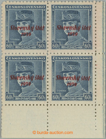 235617 - 1939 Sy.11, Štefánik 60h blue, LR corner blk-of-4; mint ne
