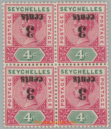 235687 - 1893 SG.15a, block of four Victoria 4C and overprint 3 CENTS
