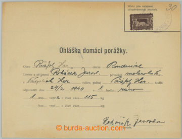 238069 - 1940 BOHEMIA-MORAVIA / REPORT HOME PORÁŽKY, whole blank fo