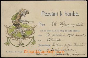 23974 - 1930 Invitation to honbě, hunter with dog, color, Us, wrink