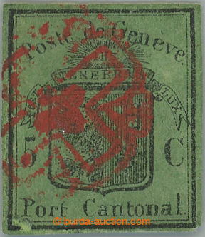 240105 - 1848 GENF / Mi.5, Velký orel 5C zelenoolivová, červené r