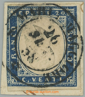 240845 - 1857 Sass.15Ab, Viktor Emanuel II. 20C indigová, PŘEVRÁCE