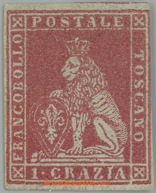 240999 - 1851 Sass.4d, Heraldic Lion 4Gr carminio su grigio; very fin