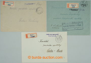 242830 - 1953 PŘÍDAVNÁ RAZÍTKA / sestava 3ks R-dopisů na prezide
