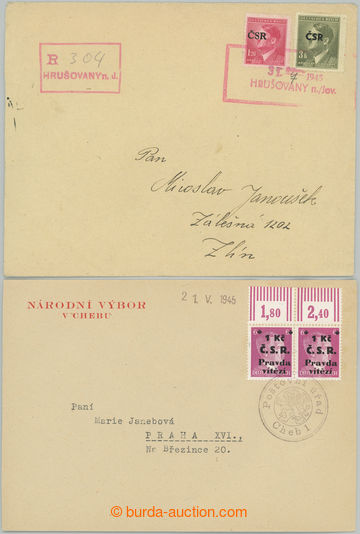 243424 - 1945 CHEB, HRUŠOVANY / sestava 2ks dopisů vyfr. přetiskov