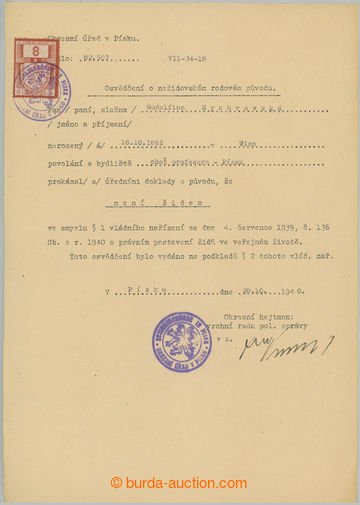 243681 - 1940 JUDAICA / Certificate about/by non-Jewish origin, issue