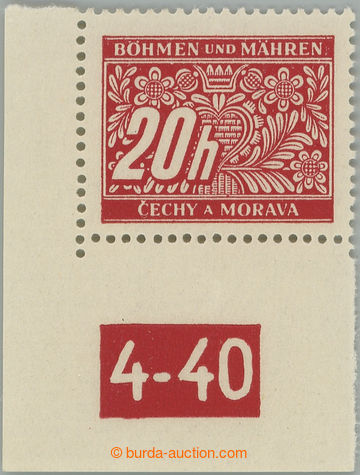 243945 - 1939 Pof.DL3 DČ, 20h červená, levá dolní rohová zn. s 